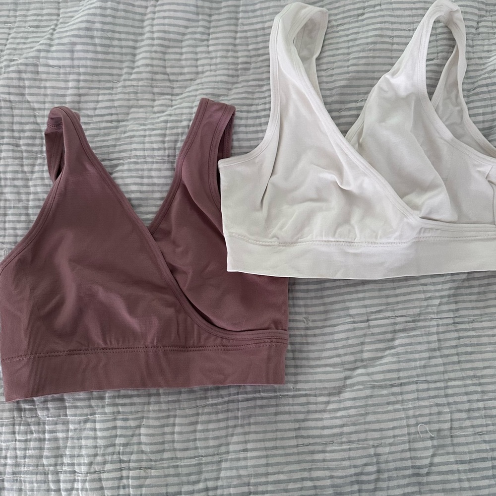 Seamless V-Neck Wireless nursing Bralette - White & Dusty Rose
